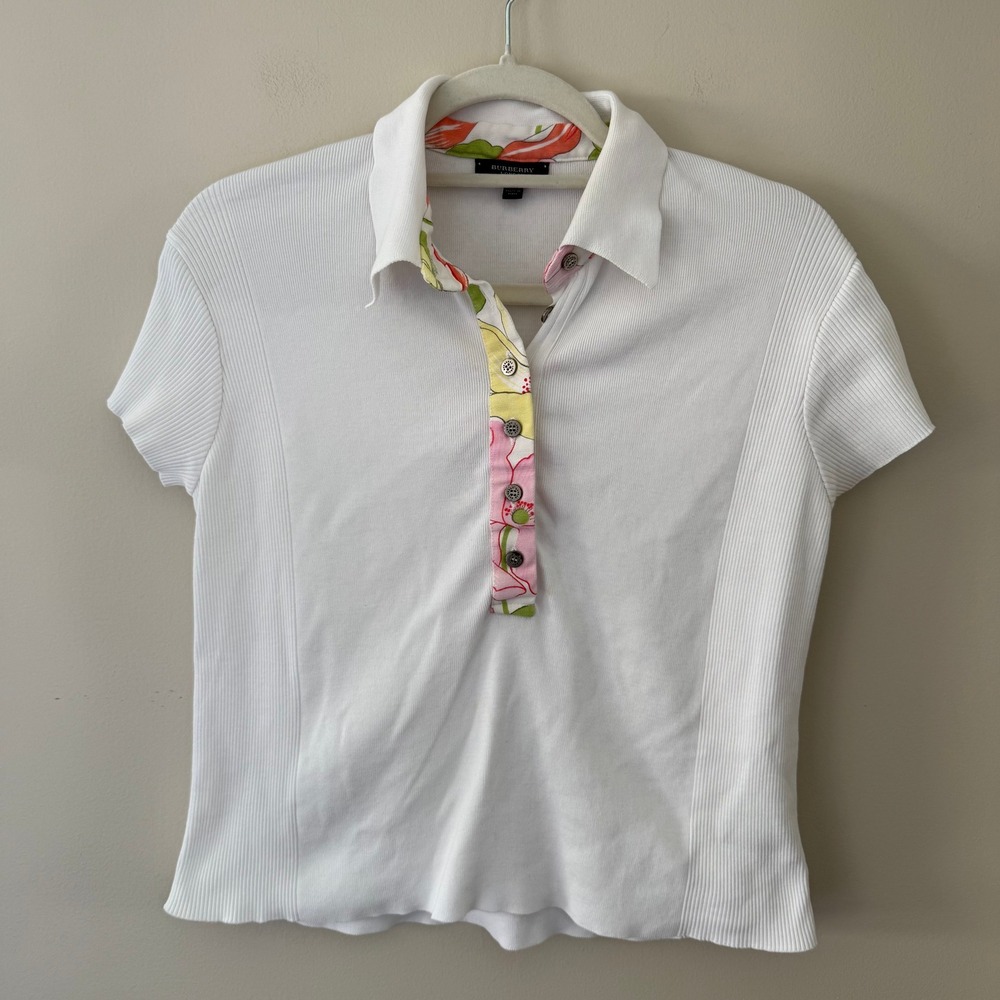 Burberry London Womens White Floral Trim Ribbed Short Sleeve Polo Shirt Size M